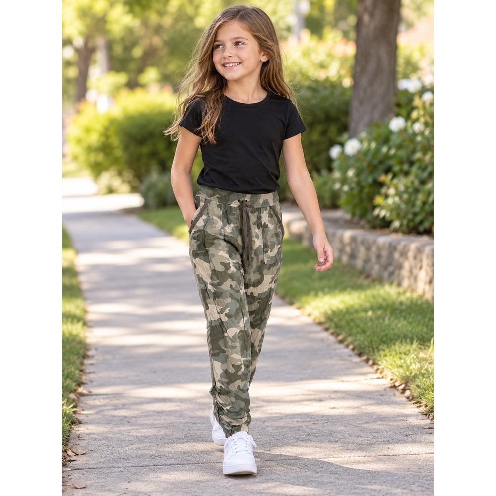Hippie Rose Girls Camo Joggers Green Camouflage Ruched Ankle Pants Size Small